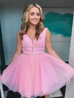 Robes de bal courtes en tulle à col V et coupe trapèze, robes de soirée roses