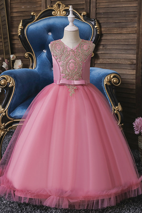 Vestidos cortos de princesa con apliques de encaje, escote redondo y tul para niña de las flores