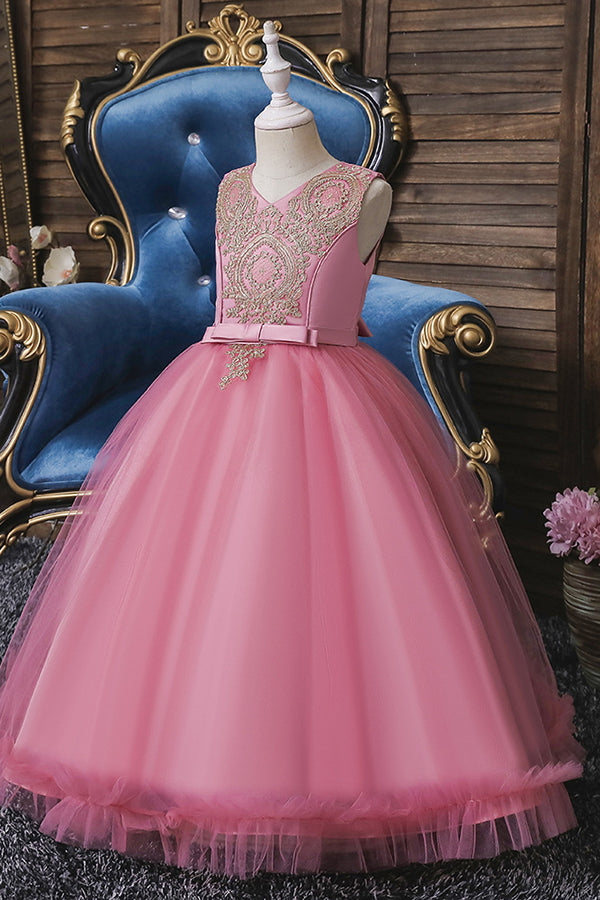 Vestidos cortos de princesa con apliques de encaje, escote redondo y tul para niña de las flores