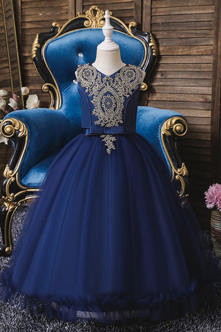 Vestidos cortos de princesa con apliques de encaje, escote redondo y tul para niña de las flores