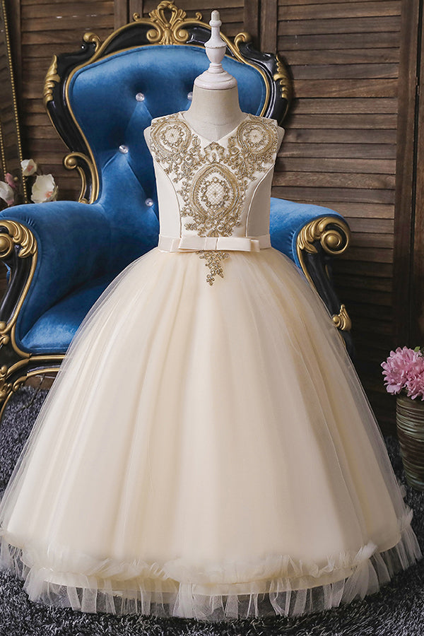 Vestidos cortos de princesa con apliques de encaje, escote redondo y tul para niña de las flores