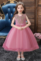 Vestidos cortos de princesa con apliques de encaje, escote redondo y tul para niña de las flores