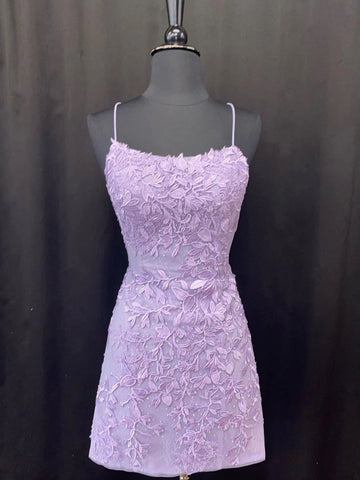 Robe de bal courte sirène en dentelle dos nu violette