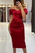 Robe de bal courte sirène en satin, épaules dénudées, longueur thé, manches longues