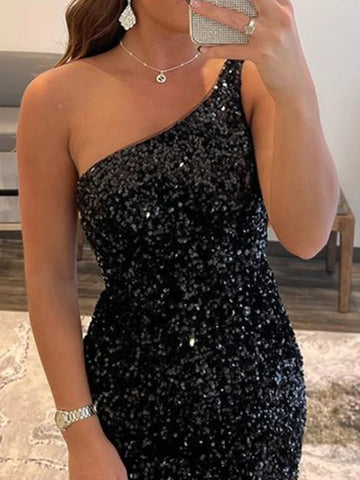Robe de bal courte sirène asymétrique à sequins dos nu, robe de soirée noire