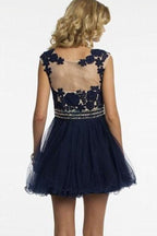Robe courte bleu marine pour le bal de promo avec appliques et perles PG190