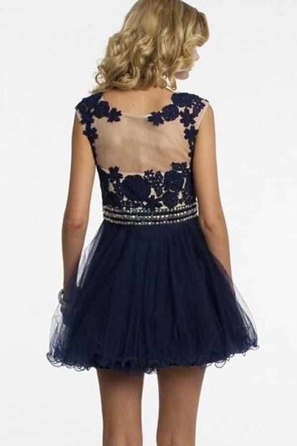 Robe courte bleu marine pour le bal de promo avec appliques et perles PG190