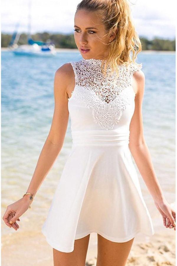 Vestido corto blanco de satén elástico con espalda descubierta y encaje para baile de bienvenida PG128