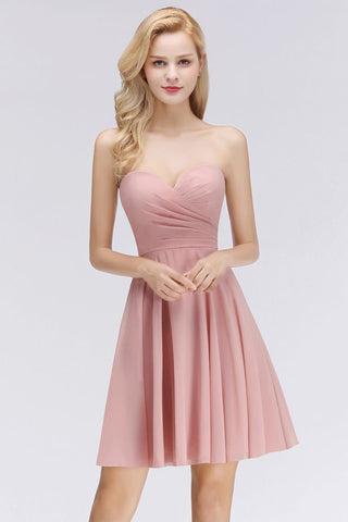 Vestido corto rosa con escote corazón, sencillo, para dama de honor, sin mangas, para fiesta de bienvenida.