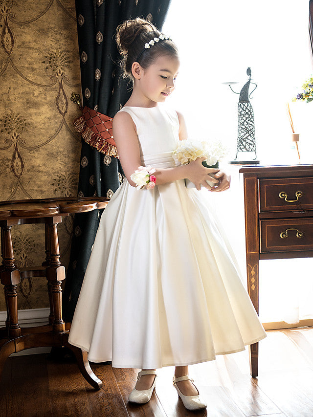 Vestidos cortos de princesa de satén con cuello joya para bodas, primera comunión y niñas de las flores