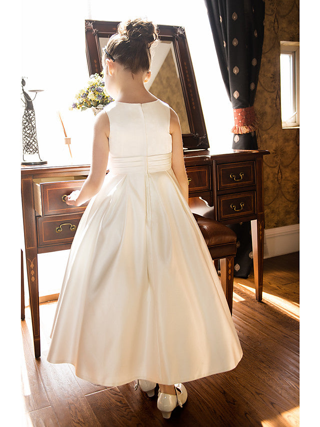 Vestidos cortos de princesa de satén con cuello joya para bodas, primera comunión y niñas de las flores