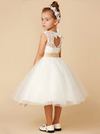 Robes courtes de princesse en tulle à col bijou pour mariage, première communion et demoiselle d'honneur
