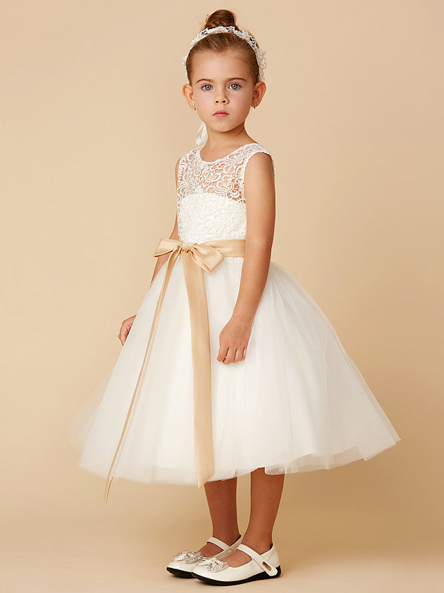 Vestidos cortos de princesa de tul con cuello joya para bodas, primera comunión y niñas de las flores
