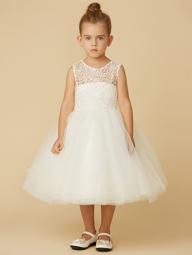 Vestidos cortos de princesa de tul con cuello joya para bodas, primera comunión y niñas de las flores