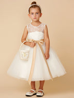 Robes courtes de princesse en tulle à col bijou pour mariage, première communion et demoiselle d'honneur