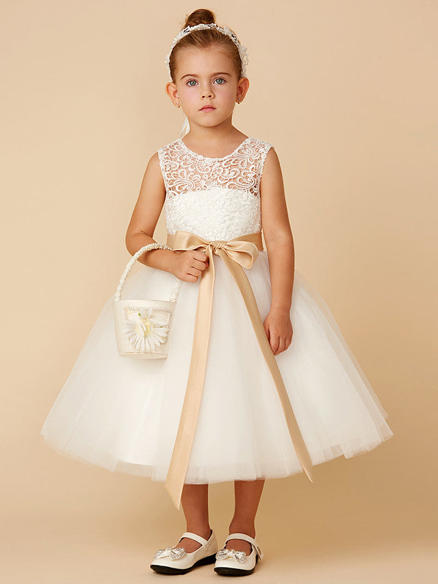 Vestidos cortos de princesa de tul con cuello joya para bodas, primera comunión y niñas de las flores