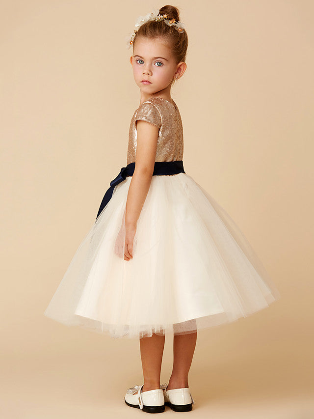 Vestidos cortos de princesa para niña de las flores, de tul, con lentejuelas, cuello joya y mangas.