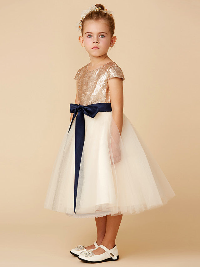 Vestidos cortos de princesa para niña de las flores, de tul, con lentejuelas, cuello joya y mangas.