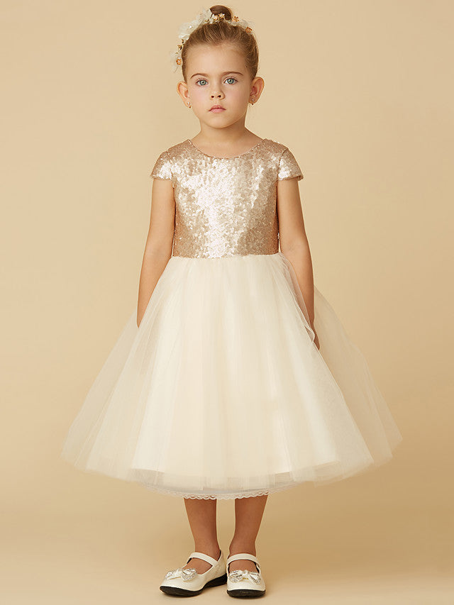 Vestidos cortos de princesa para niña de las flores, de tul, con lentejuelas, cuello joya y mangas.