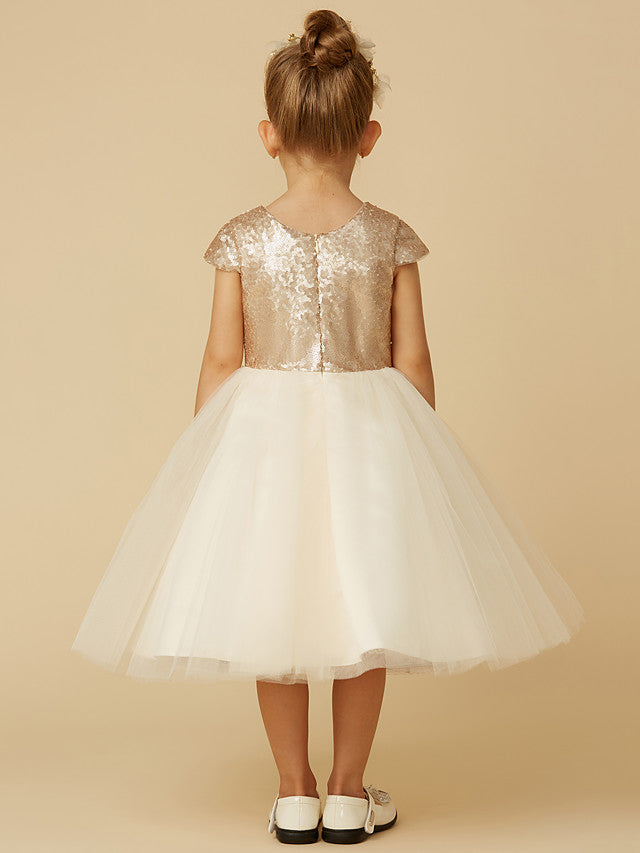 Vestidos cortos de princesa para niña de las flores, de tul, con lentejuelas, cuello joya y mangas.