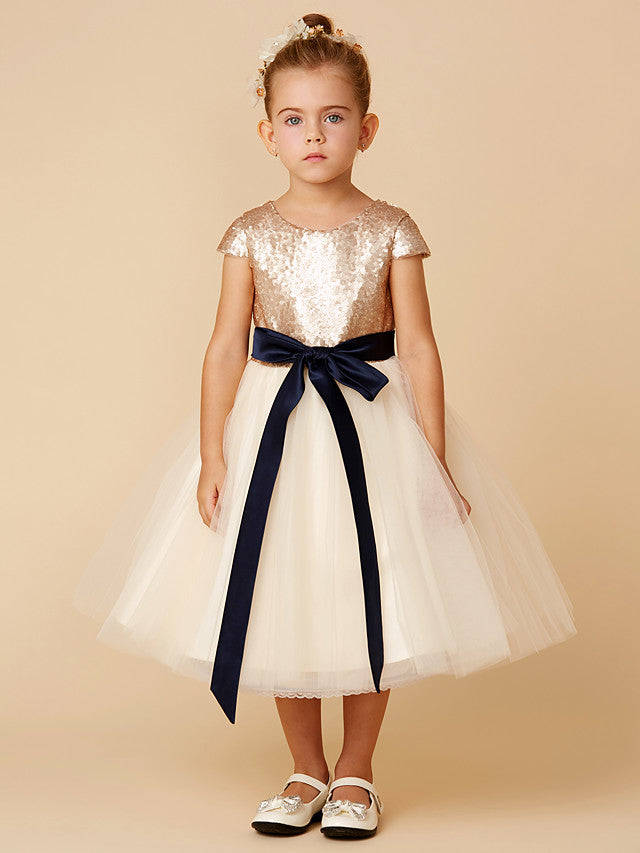 Vestidos cortos de princesa para niña de las flores, de tul, con lentejuelas, cuello joya y mangas.