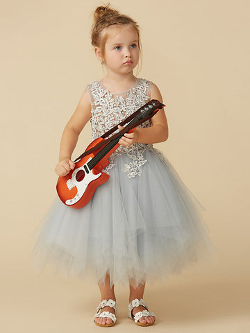 Vestidos cortos de princesa de tul sin mangas con cuello joya para niña de las flores