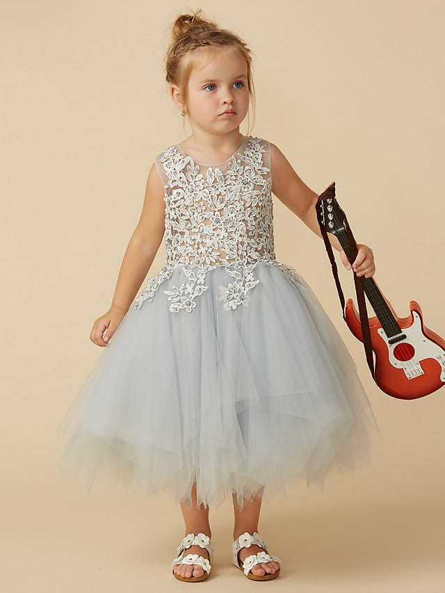 Vestidos cortos de princesa de tul sin mangas con cuello joya para niña de las flores