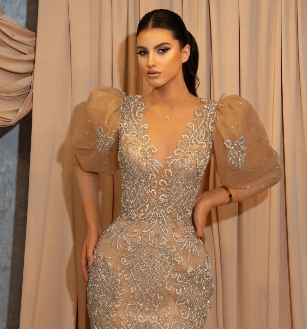 Short Puffy Sleeves V-neck Appliques Lace Floor-length Mermaid Prom Dress