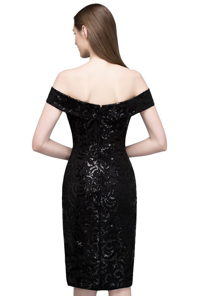 Robes de bal noires courtes à paillettes, fourreau et épaules dénudées