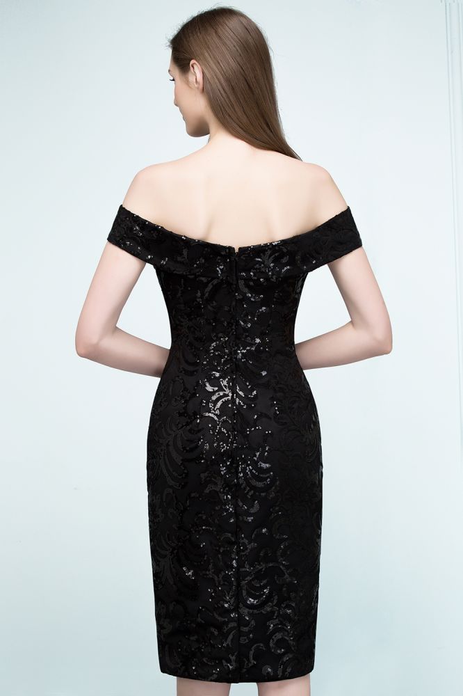 Robes de bal noires courtes à paillettes, fourreau et épaules dénudées