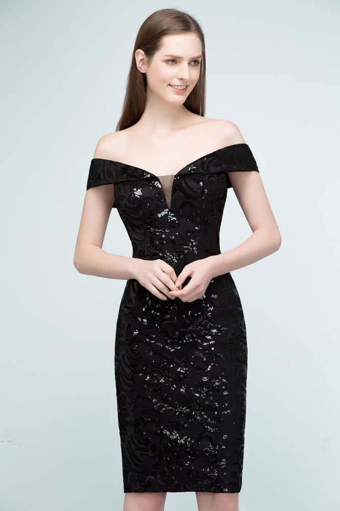 Robes de bal noires courtes à paillettes, fourreau et épaules dénudées