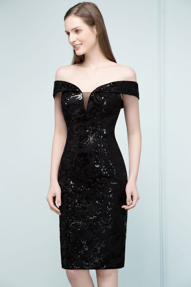 Robes de bal noires courtes à paillettes, fourreau et épaules dénudées
