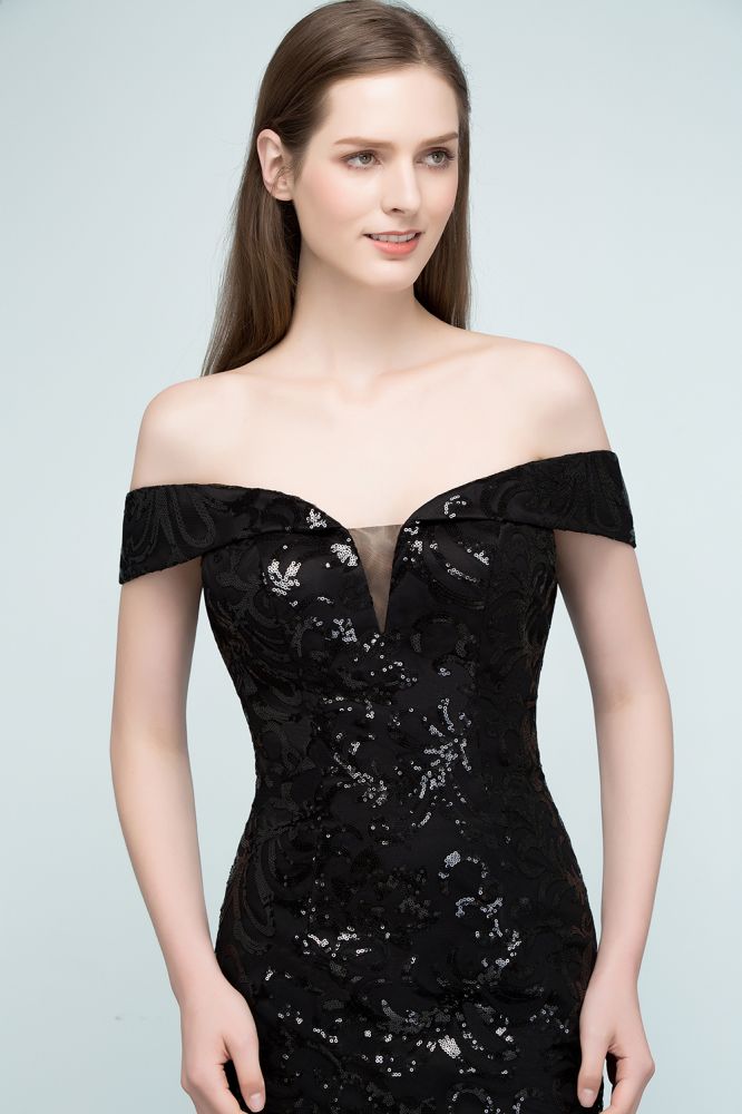 Robes de bal noires courtes à paillettes, fourreau et épaules dénudées