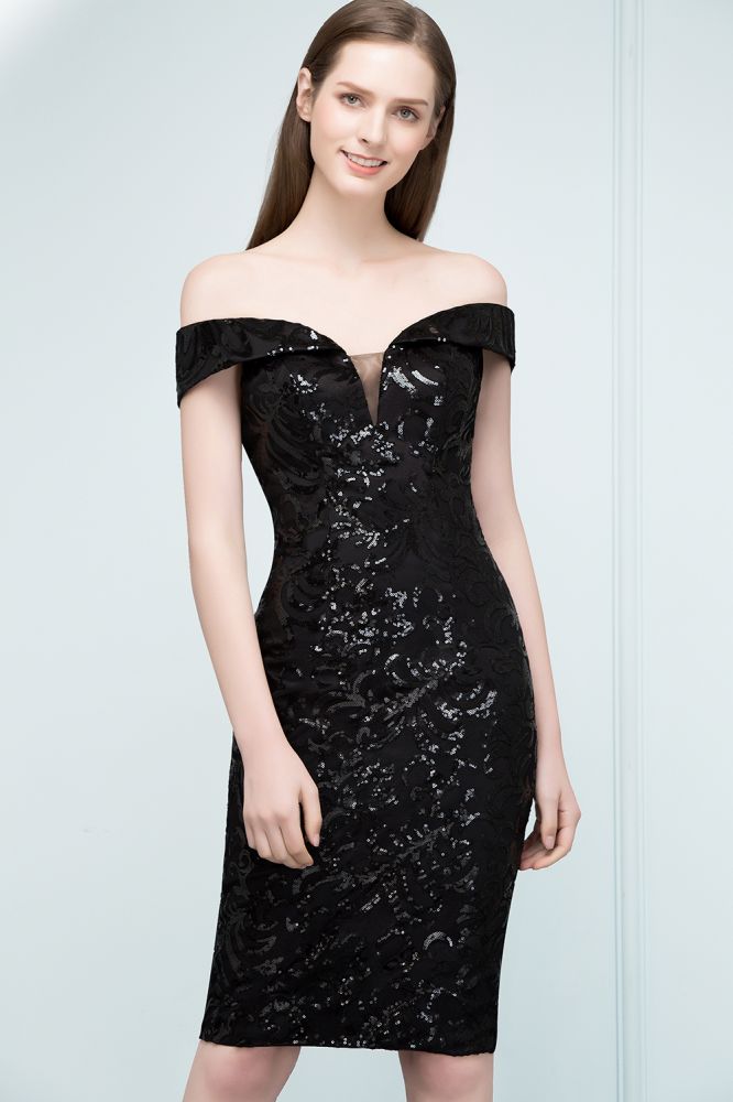 Robes de bal noires courtes à paillettes, fourreau et épaules dénudées