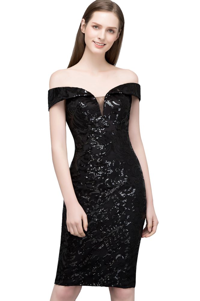 Robes de bal noires courtes à paillettes, fourreau et épaules dénudées