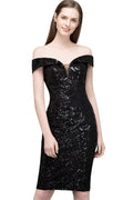 Robes de bal noires courtes à paillettes, fourreau et épaules dénudées