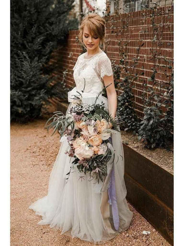 Vestidos de novia plateados de encaje y tul de manga corta con fajín WD386