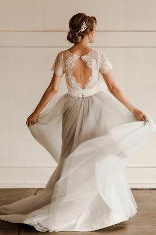 Vestidos de novia plateados de encaje y tul de manga corta con fajín WD386