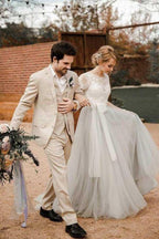 Vestidos de novia plateados de encaje y tul de manga corta con fajín WD386
