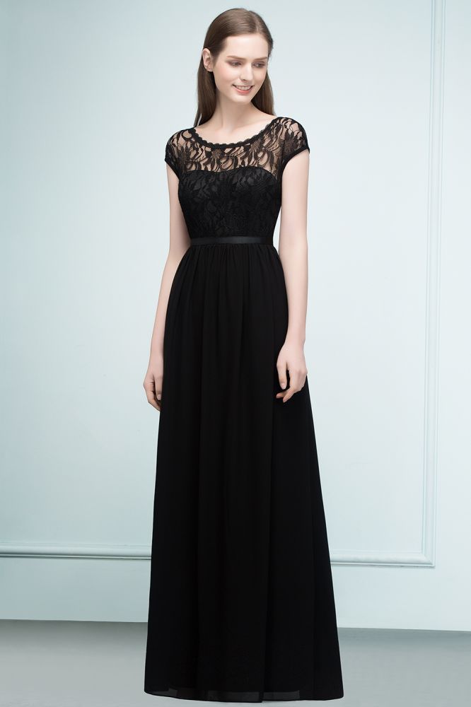 Vestidos de dama de honor de encaje, corte en A, manga corta y largo hasta el suelo, con fajín.