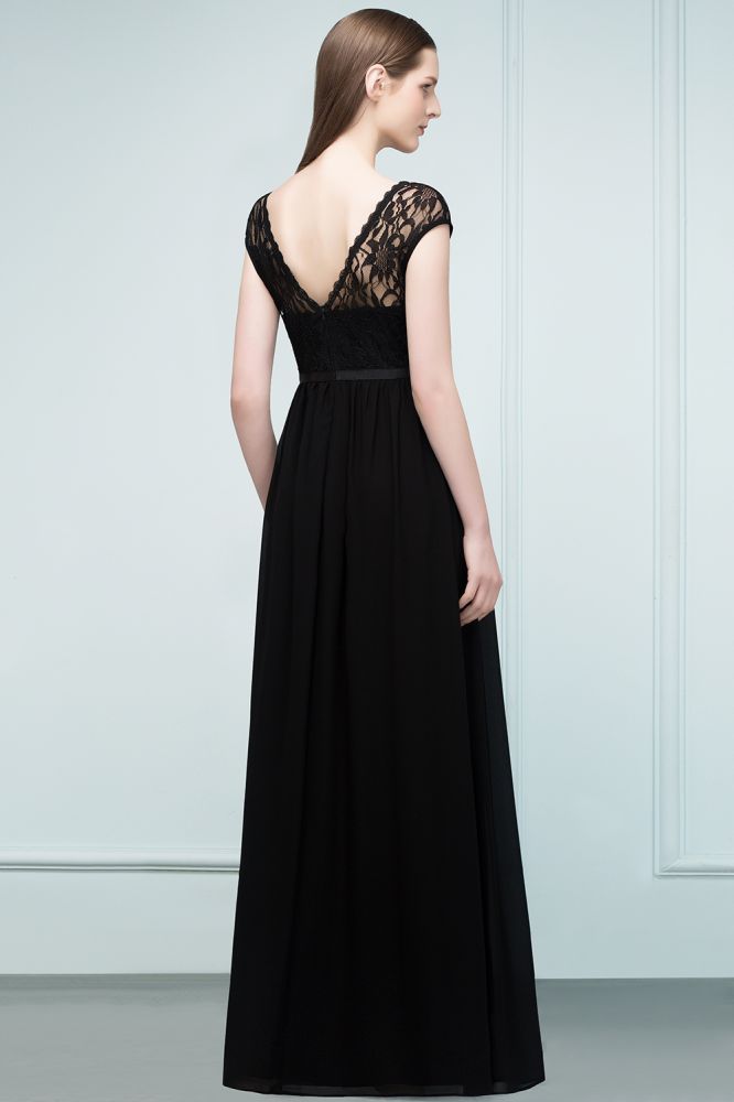 Vestidos de dama de honor de encaje, corte en A, manga corta y largo hasta el suelo, con fajín.