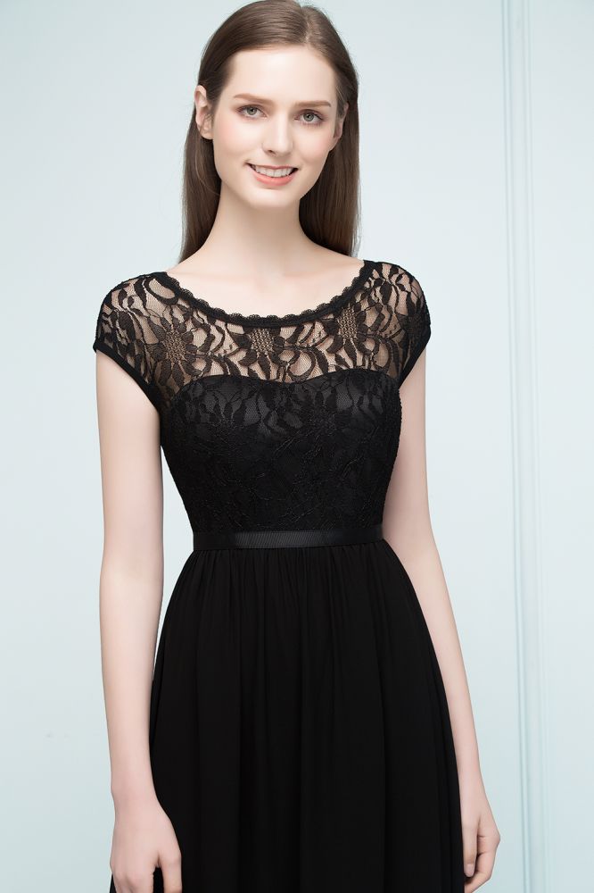 Vestidos de dama de honor de encaje, corte en A, manga corta y largo hasta el suelo, con fajín.