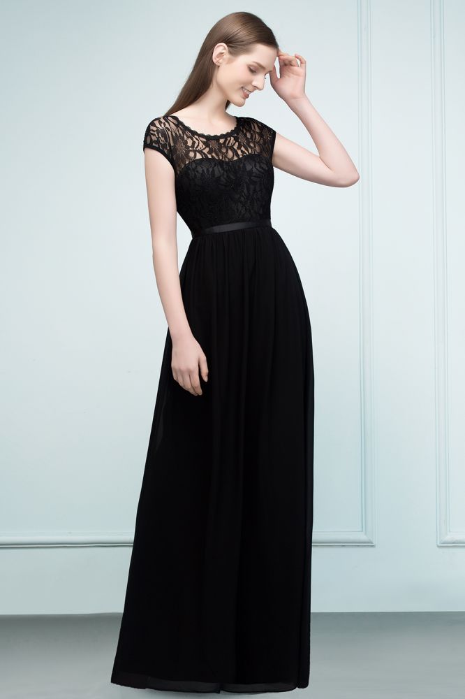 Vestidos de dama de honor de encaje, corte en A, manga corta y largo hasta el suelo, con fajín.