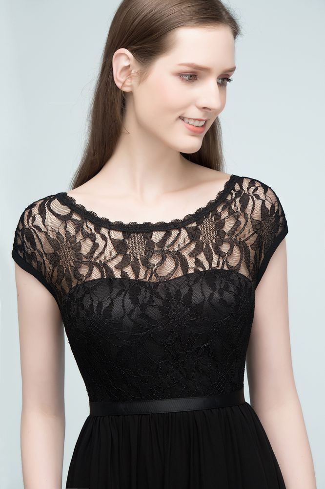 Vestidos de dama de honor de encaje, corte en A, manga corta y largo hasta el suelo, con fajín.
