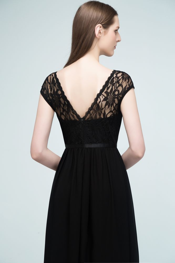 Vestidos de dama de honor de encaje, corte en A, manga corta y largo hasta el suelo, con fajín.
