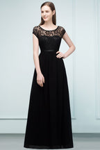 Vestidos de dama de honor de encaje, corte en A, manga corta y largo hasta el suelo, con fajín.