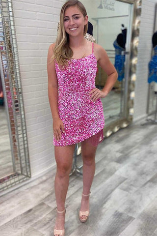 Short Spaghetti Straps Sleeveless Sequined Prom Dresses