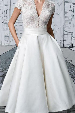 Vestido de novia corto con escote en V, encaje, largo hasta la rodilla, color marfil, sencillo, WD422