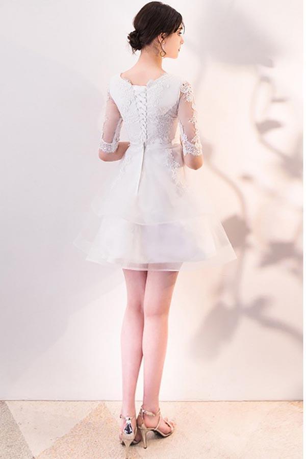 Vestido corto de fiesta blanco de encaje con volantes y mangas cortas PD063