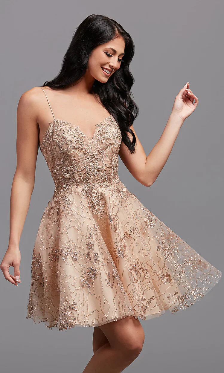 Vestido corto dorado para baile de bienvenida SYH83